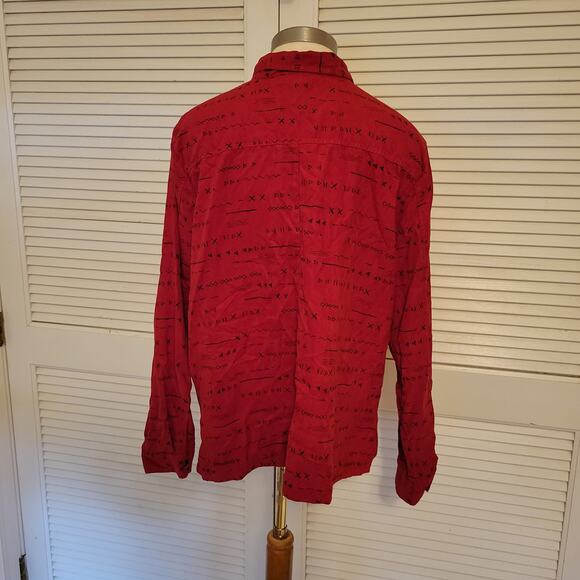 90s Abstract Print Red Plush Button Up Shirt Dressbarn XL Geometric Motif - Picture 4 of 7